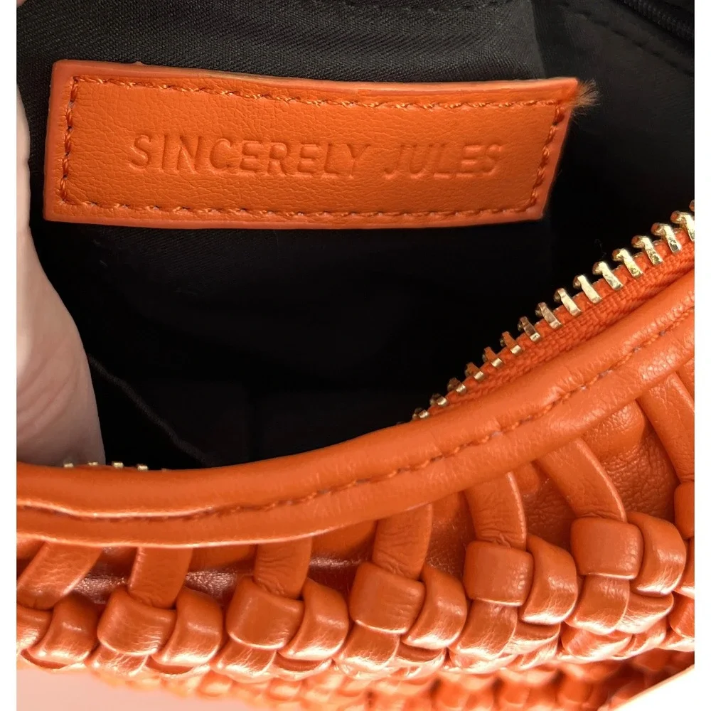 Sincerely Jules Orange Woven Crescent Hobo Shoulder Bag Vegan Leather NWT Resort - Picture 5 of 7